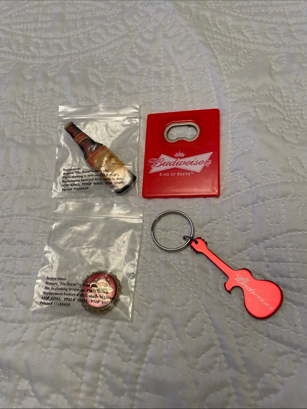 Set of 4 Budweiser Memorable Guitar Keychain Bottle Opener & Lightup Pins
